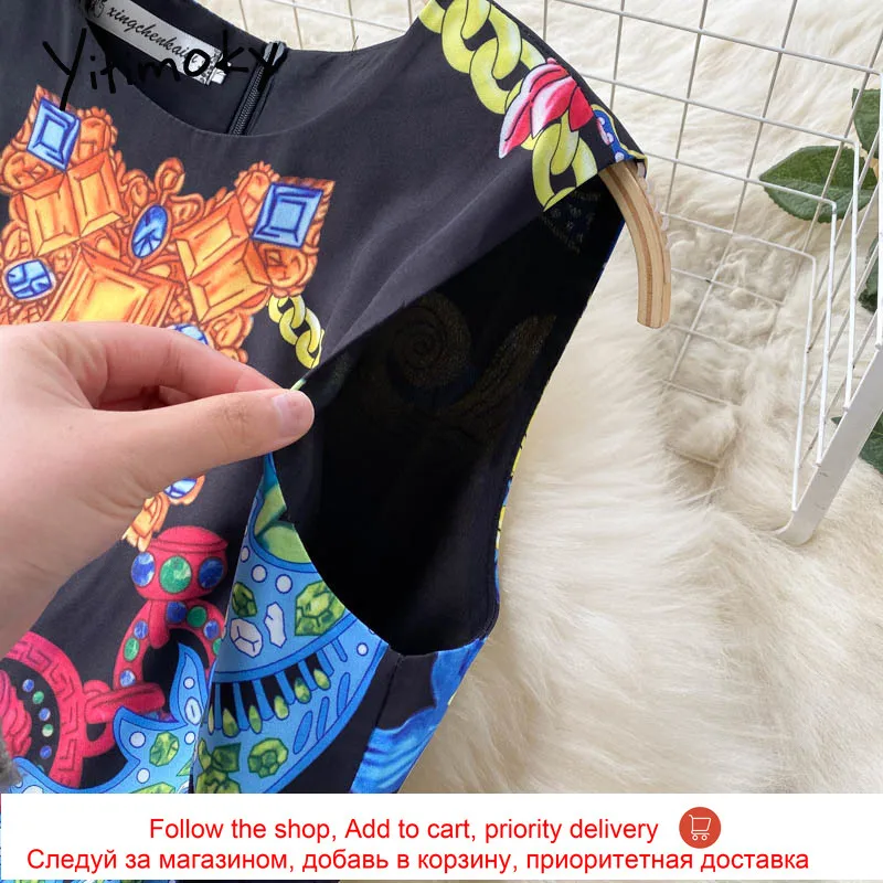 

Yitimoky Vintage Fashion Print High Waist Tank Dresses Women O-Neck Sleeveless Oversize Clothing A-Line 2021 Summer Korean New