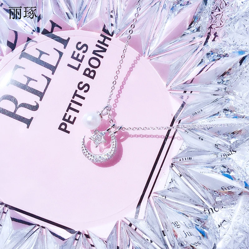 

S925 metalr initial necklace female stars moon inlaid crystal zircon pearl necklace sweet Japan and South Korea