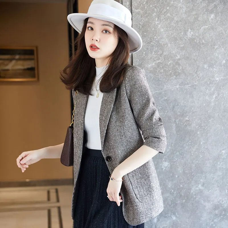 Boliyae Autumn and Winte New Women's Wool Coat Fashion Blends Blazer Sequins Long Sleeve Overcoat Female Slim Jacket Chic Tops | Женская