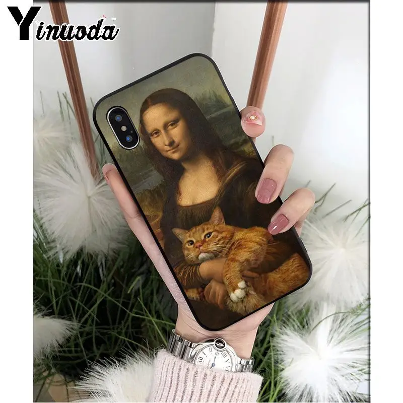 Yinuoda Забавный чехол для телефона Mona Lisa Pet Cat TPU мягкий черный чехол для iphone 8 7 6 6S Plus 5 5S SE XR X XS MAX Coque Shell