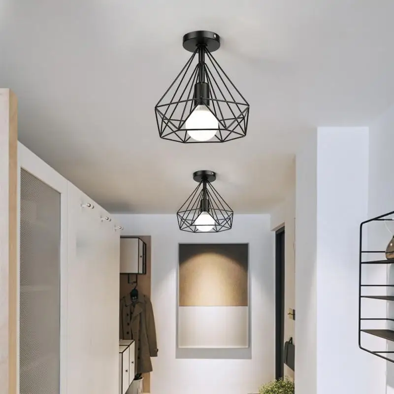 

Set Of Two 25 * 25cm Black Metal Diamond Cage Industrial Chandeliers For Living Room Home Ceiling Hanging Lights Fixtures HWC