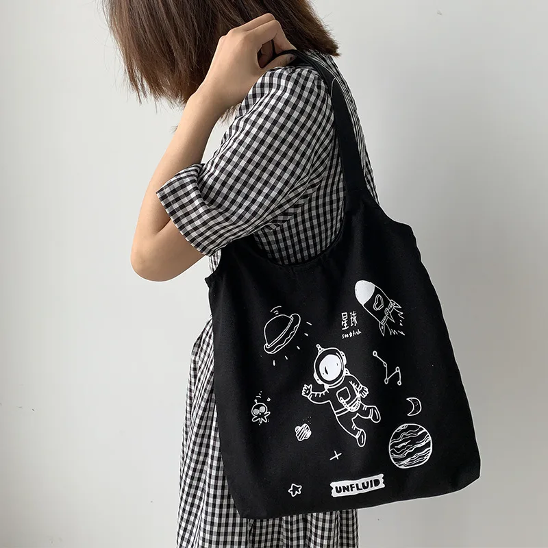 

New Girls Canvas Shoulder Bag INS Women's Print Female Handbag Vest Bag Student Large Capacity Reusable Shopping Bag School Bag