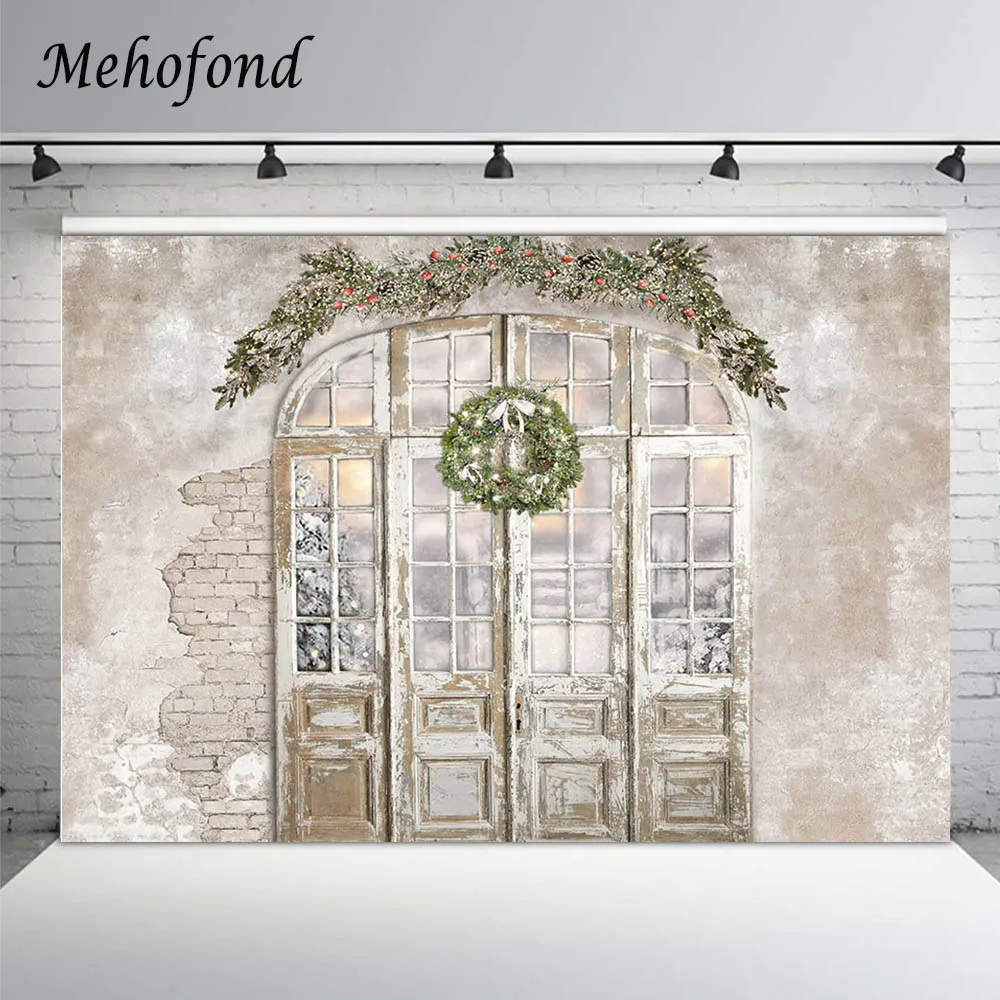 Christmas Background For Photography Decoration Old Cement Brick Wall Wooden Door Wreath Child Backdrop Photo Studio Photozone