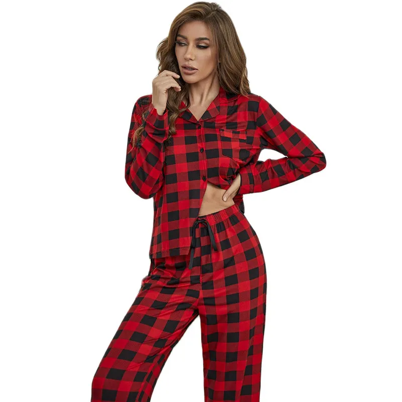 

Fdfklak Casual Loose Plaid Shirt + Pant Two Piece Set Long Sleeve Spring Autumn Sleepwear Women Fashion Ins Cotton Home Suit