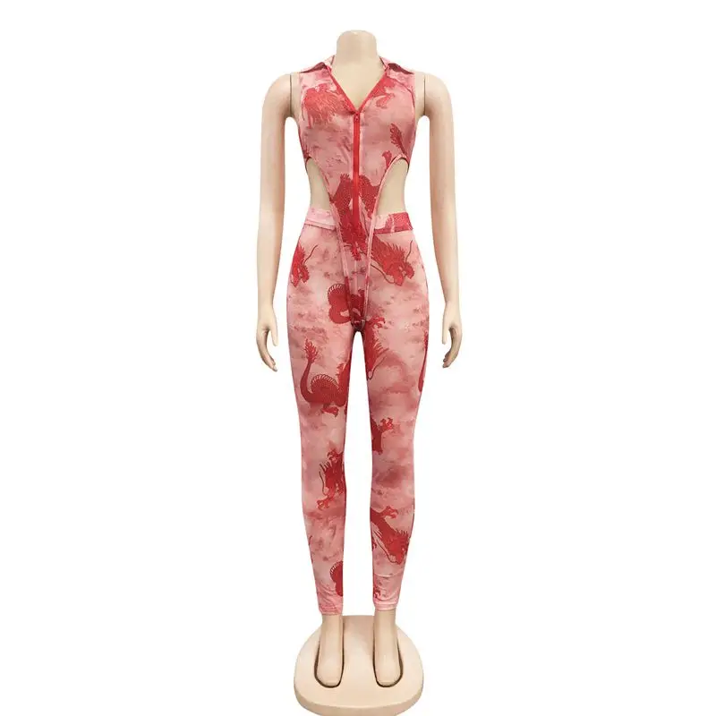 

ZKYZWX Tie Dye Print Women Zipper Sleeveess Bodycon Jumpsuit Sexy Skinny Joggers Sweatsuit Night Party Two Piece Set Outfit