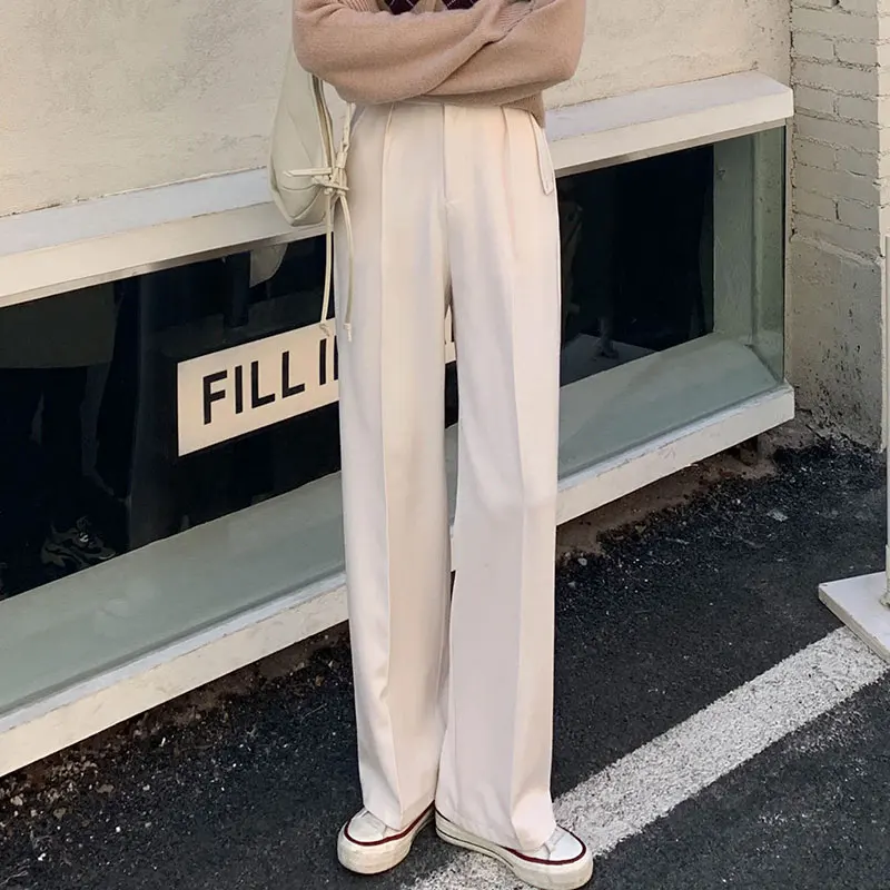 

Korean Style Summer Women Fashion Casual Loose Solid Wide Leg Pants Vintage High Waist Office Lady Slim Long Pants