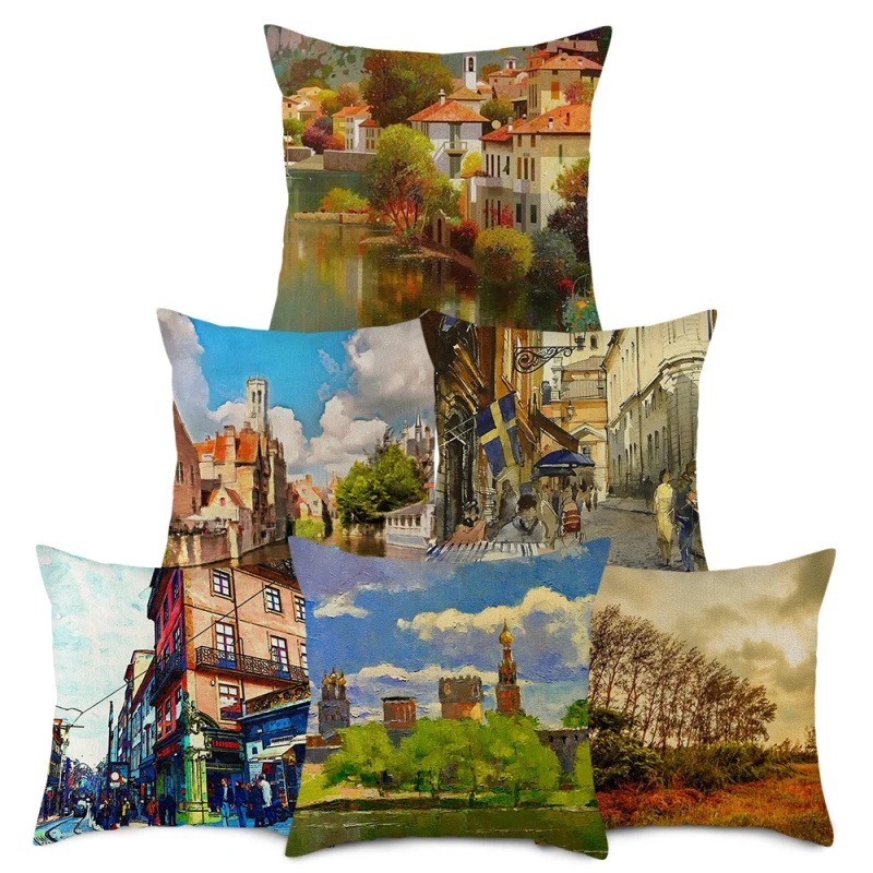 

Nanacoba Oil Painting Linen Cushion Cover Landscape Printed Throw Pillows Covers for Home Sofa Decorative Pillowcases 45x45cm