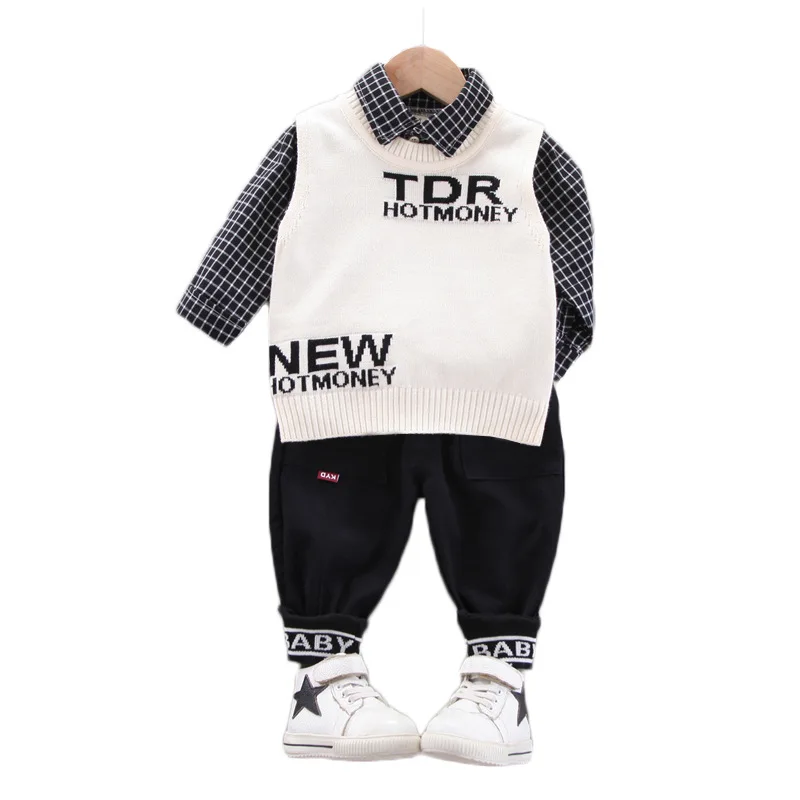 

Детская Модная хлопковая одежда, новинка, весенне-осенний Повседневный вязаный жилет для маленьких мальчиков и девочек, рубашка и брюки, ко...