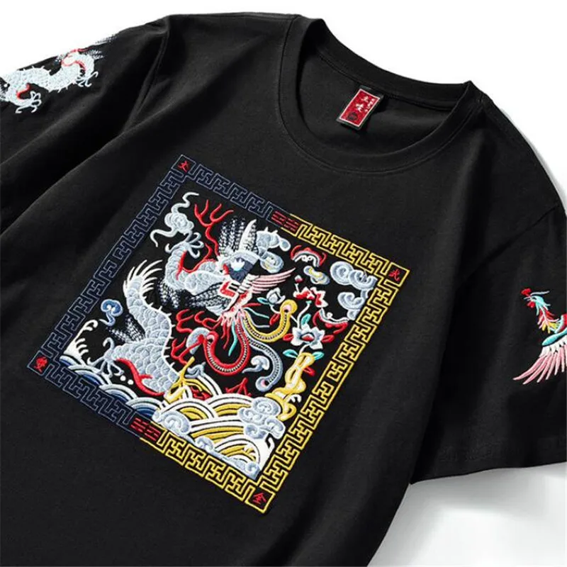 Футболка мужская с вышивкой дракона и феникса в стиле хип-хоп | Мужская одежда