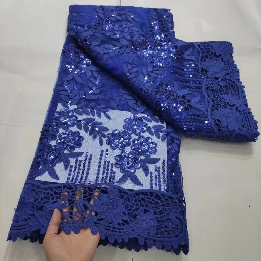 

French Tulle Sequins royal blue African Lace Fabric 2021 High Quality Embroidery Net Materials 5 Yards Nigerian Lace Fabric