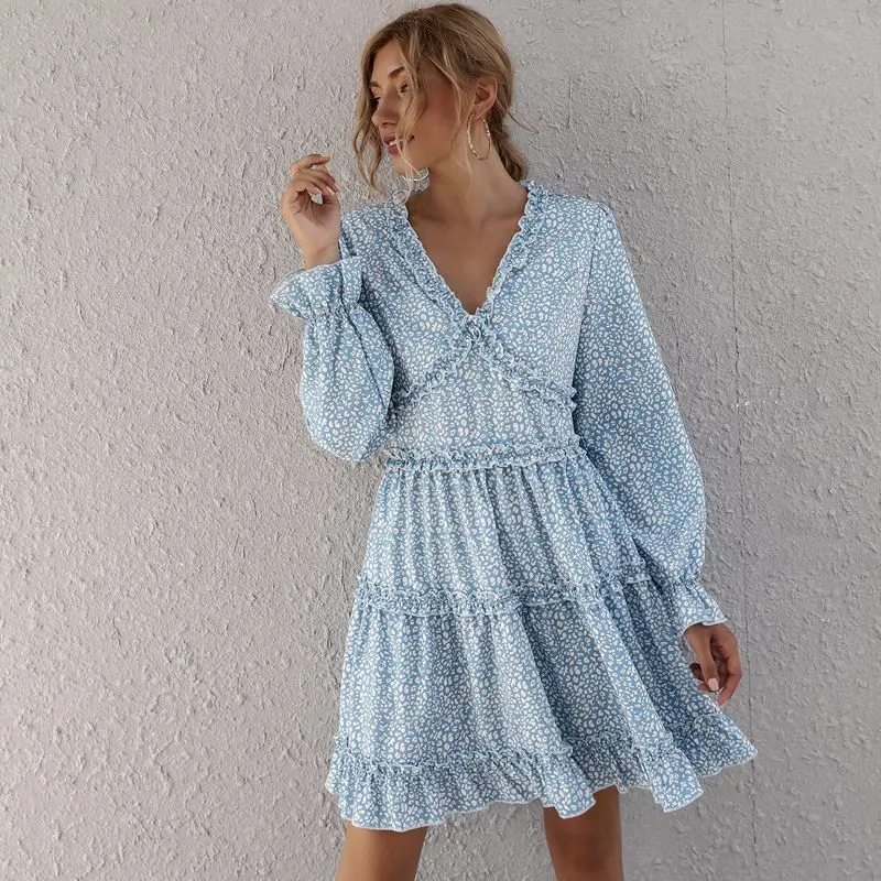 

Women's Floral Printed Skirt Long Sleeve Sexy V-neck and Backless Knee Length Dress Summer Spring