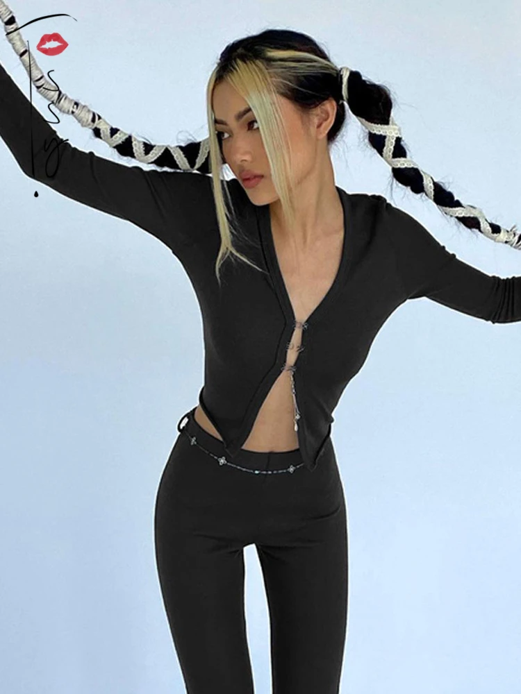 

Tossy 2022 New V-neck Long Sleeve Slim Top And Casual Wide Leg Pants 2 Piece Sets Sexy Femme Matching Sets Fashion Chic Suit