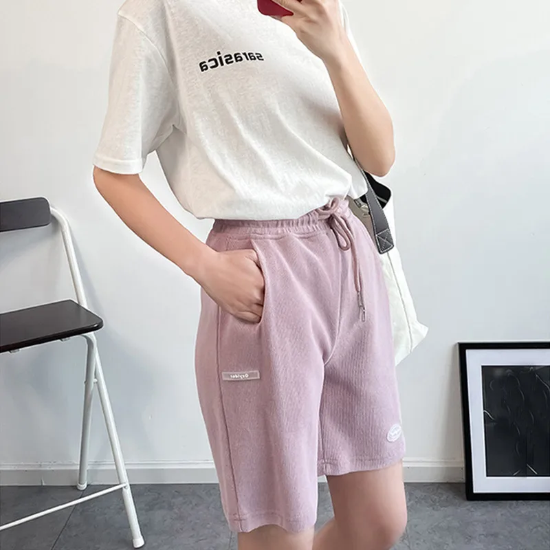 

Summer High Waist Wide Leg Short Pants Women purple Knee Length Pants Drawstring Korean thin cotton Casual loose Workout Shorts