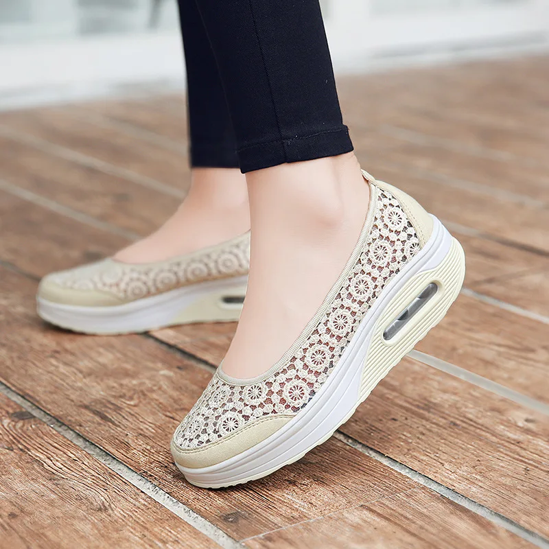 

Summer Women Platform Shoes Woman Flat Casual Shoes Lady Slip On Mesh Comfort Sweet Black Lace Fabric Shoes zapatos mujer jki8