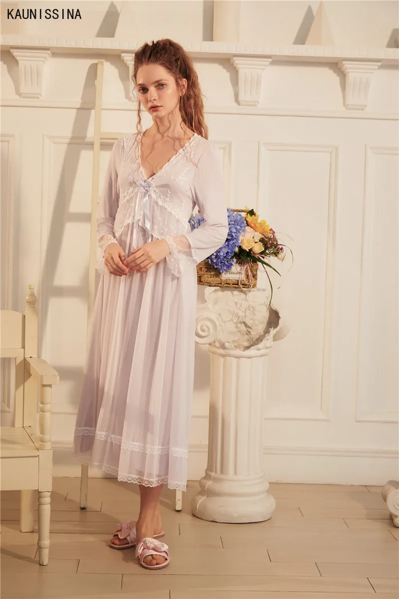 

Women Lace Princess Nightgown Autumn Long Nightdress Long Sleeve V-Neck Mid-Calf Retro Court Style Sleep Loungewear Night Dress
