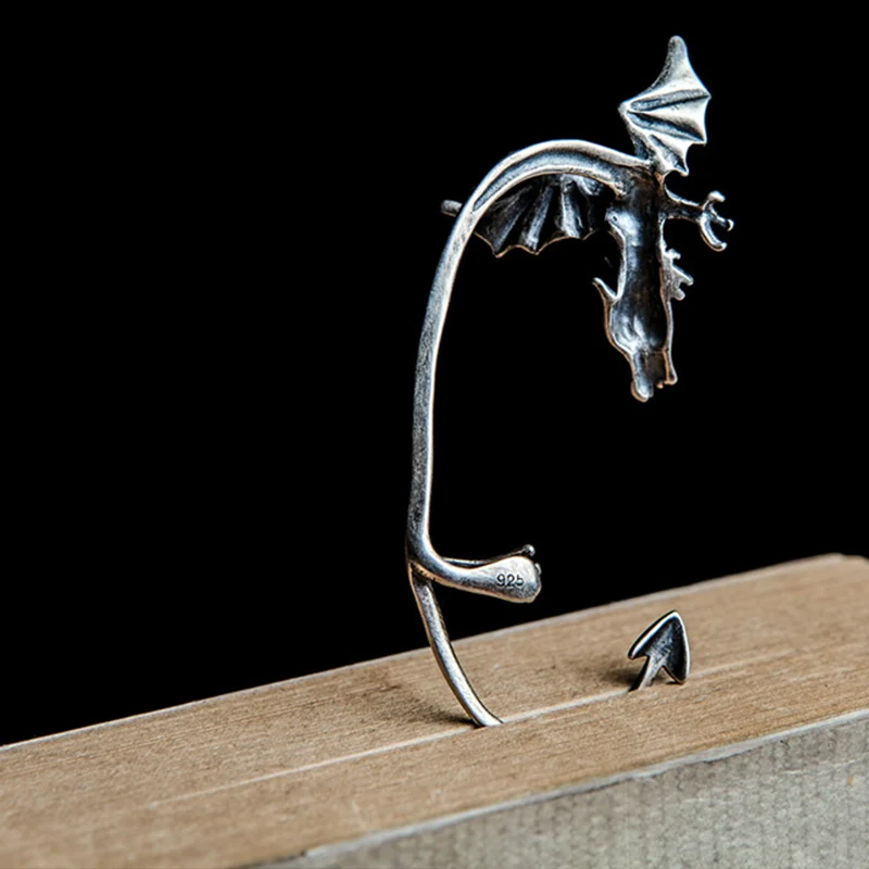 Зажим для ушей с драконом из серебра 925 пробы|Серьги-клипсы| |