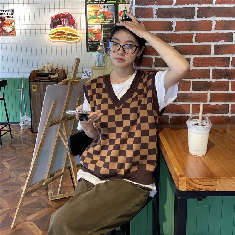 

Клетчатый Трикотажный жилет с V-образным вырезом