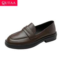 qutaa 2021 round toe basic spring autumn casual ladies pumps soft cow leather square heel slip on women shoes size 34 39