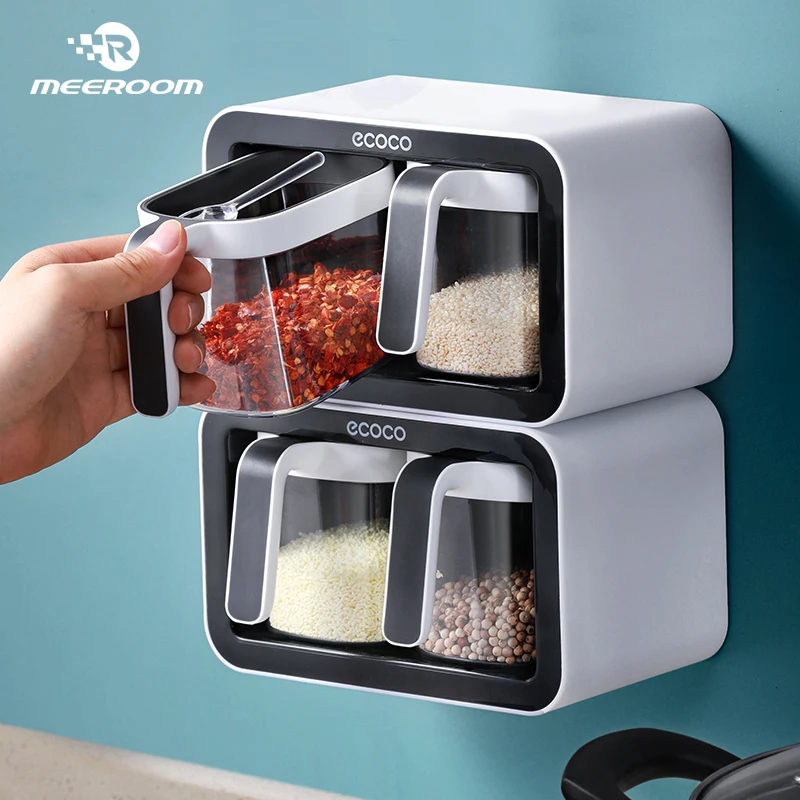 Wall Mount Spice Rack Organizer Sugar Bowl Salt Shaker Seasoning Container Spice Boxes with Spoons Kitchen Supplies Storage Set