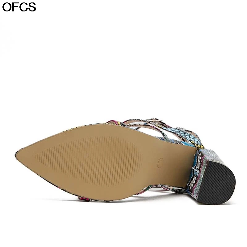 

Women Sandals Summer Fashion Green Serpentine Square High Heel Sandals For Women Pointed Toed Thick Heel Party Shoes Women 42