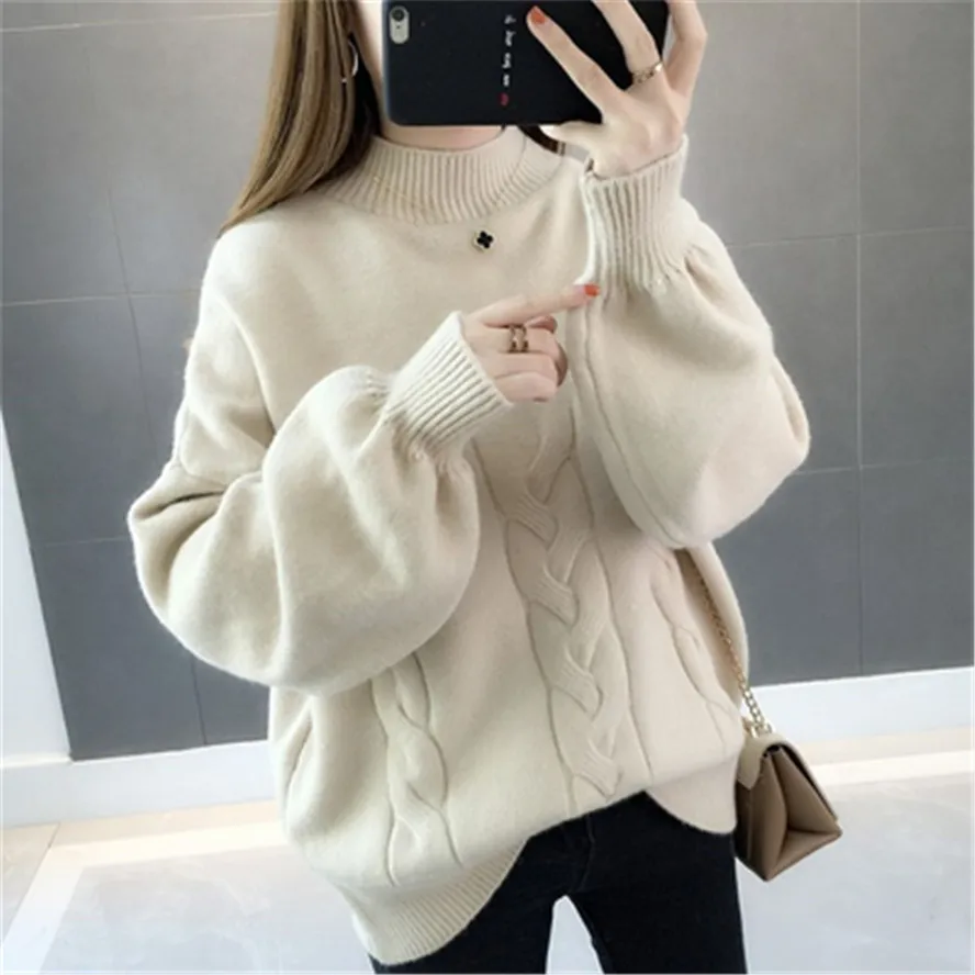 

Korean Winter Jumper Tops Pull Women Sweater Half Turtleneck Lantern Sleeve Knit Pullover Loose Plus Size 5XL