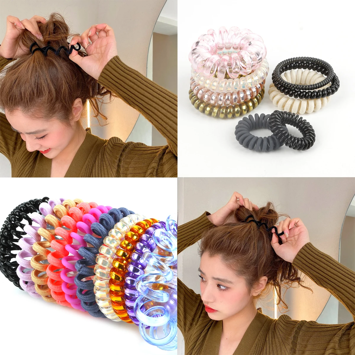 Fashion Telephone Wire Elastic Silicone Rubber Bands Spring Gum Hair Donut Hairband Accessories Cintillos Women Girls 12 Styles