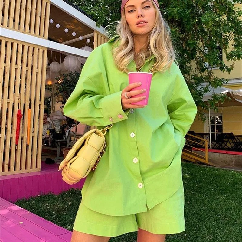 

Autumn Winter 2021 New Loose Large Size Thin Solid Color Long Sleeve Shirt Elastic Waist Wide Leg Shorts 2-piece Women's Suit