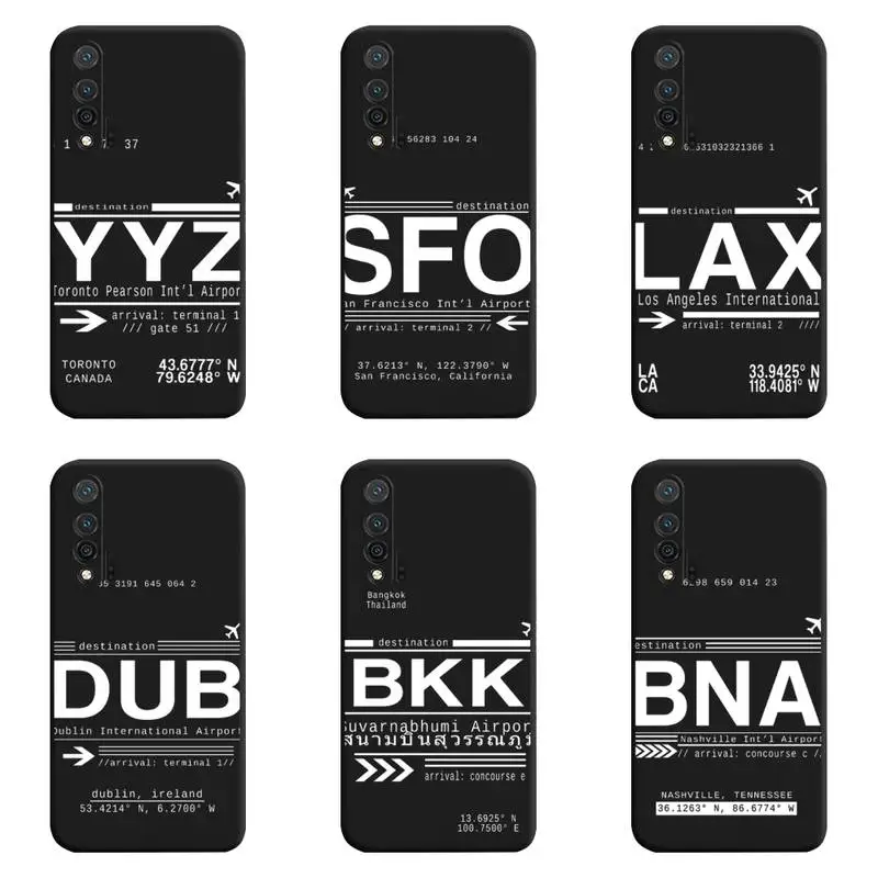 

World City travel Tickets International Airport Call Letters Phone Case For Huawei Nova 6se 7 7pro 7se honor 7A 8A 7C 9C Play