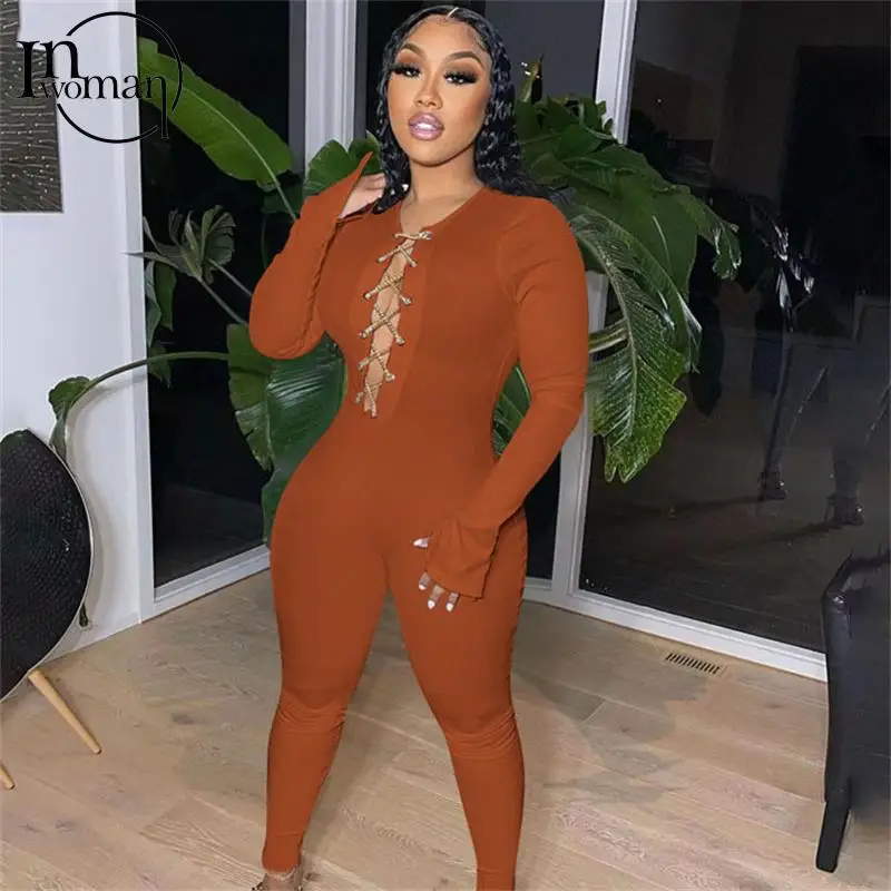 

Inwoman Fall Winter Bandage Wollow Out Black Jumpsuit Sexy One Piece Club Outfits For Women Long Sleeve Coffee Bodycon Jumpsuit