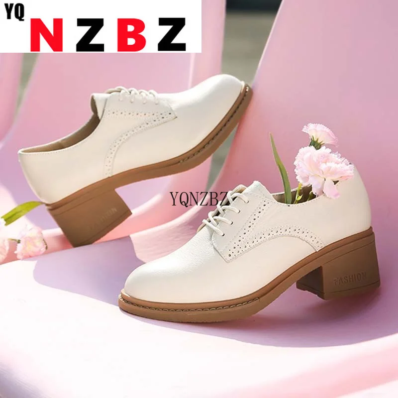 

High-top Thick Heel Shoes for Women's Autumn 2021 New Fashion Shallow Lace-up Pu Leather Round Head Women's Casual Ankle Shoes