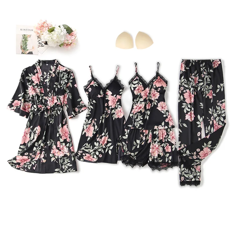 

Printed Flower 5PCS Pajamas Suit Summer Nightwear Nightwear Lace Loose Home Clothing Female Satin Pyjamas Sleepwear Loose V-neck