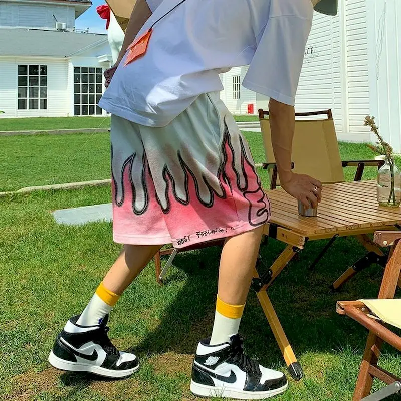 

Gothic y2k summer men's shorts flame printed high street outwear loose wide-leg pants all-match couple casual aesthetic clothing