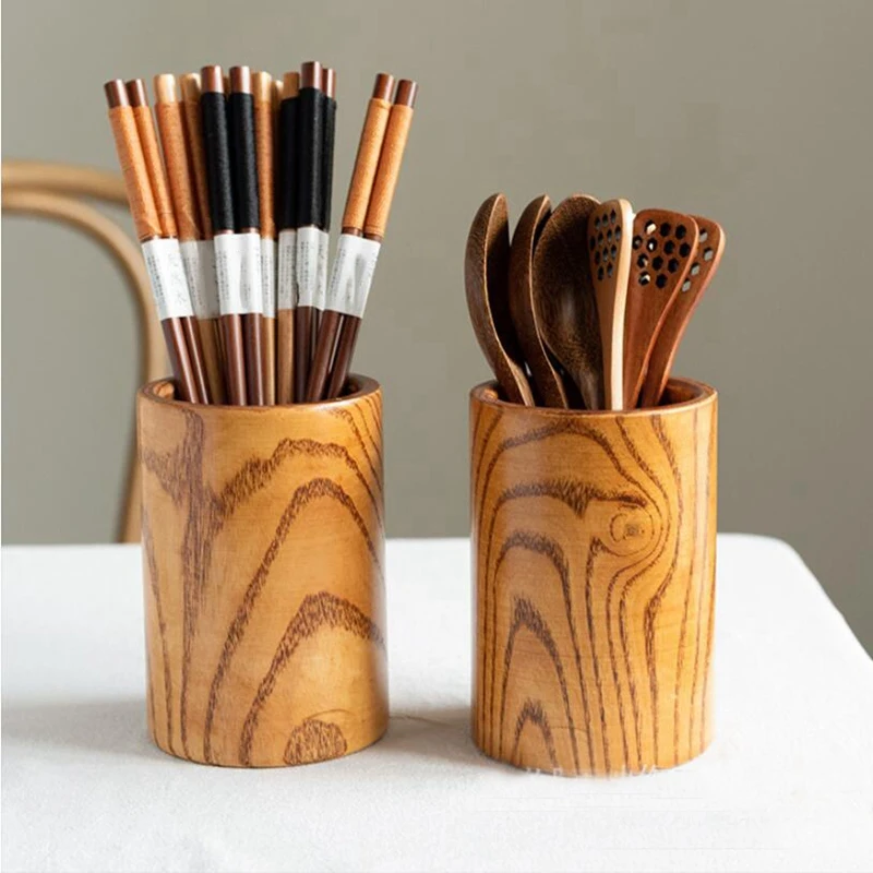 

8.5X13cm Chopsticks Holder Cylinder Wooden Multifunctional Kitchen Storage Tube, with Drain Hole Easy to Drain