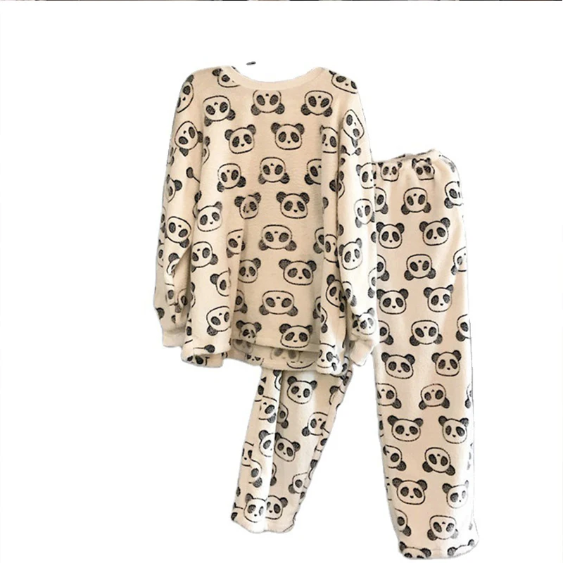 

New Cute Panda Fluffy Coral Velvet Women's Pajamas Autumn and Winter Women Long-sleeved Sleepwear Home Clothes Two-piece Suit