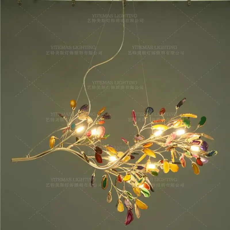 Современная люстра из натурального агата разноцветная в виде ветвей дерева