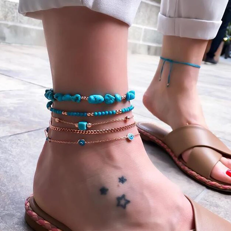 Docona Boho Fish Seashell ананас глаз кактус многослойный ножной браслет набор для женщин кабель цепи бисером ножной браслет ювелирные изделия для ног