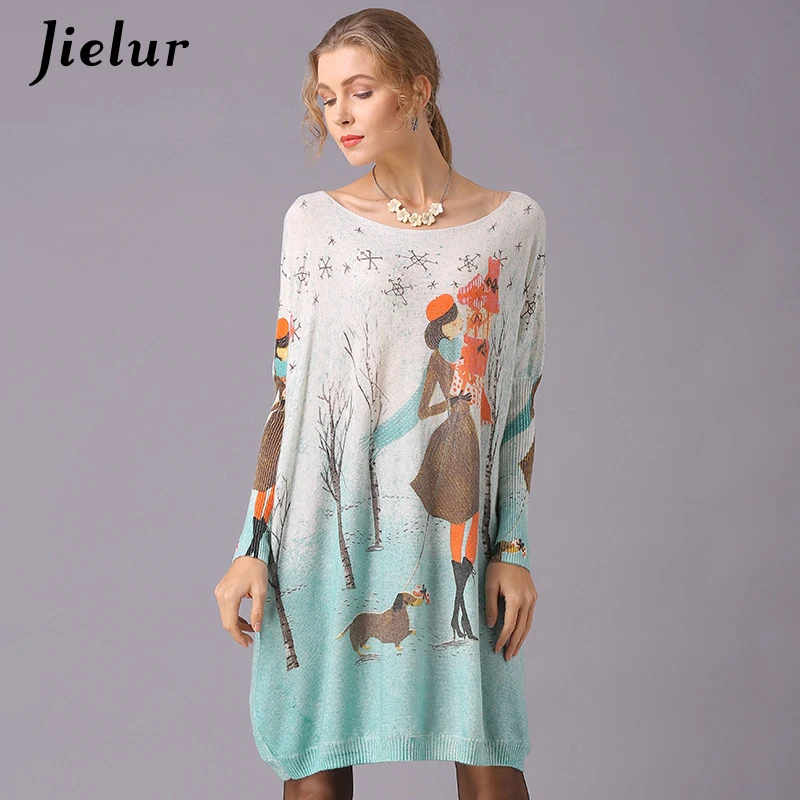 Jielur водолазка свитер для женщин мультфильм печатных с длинным рукавом джемпер