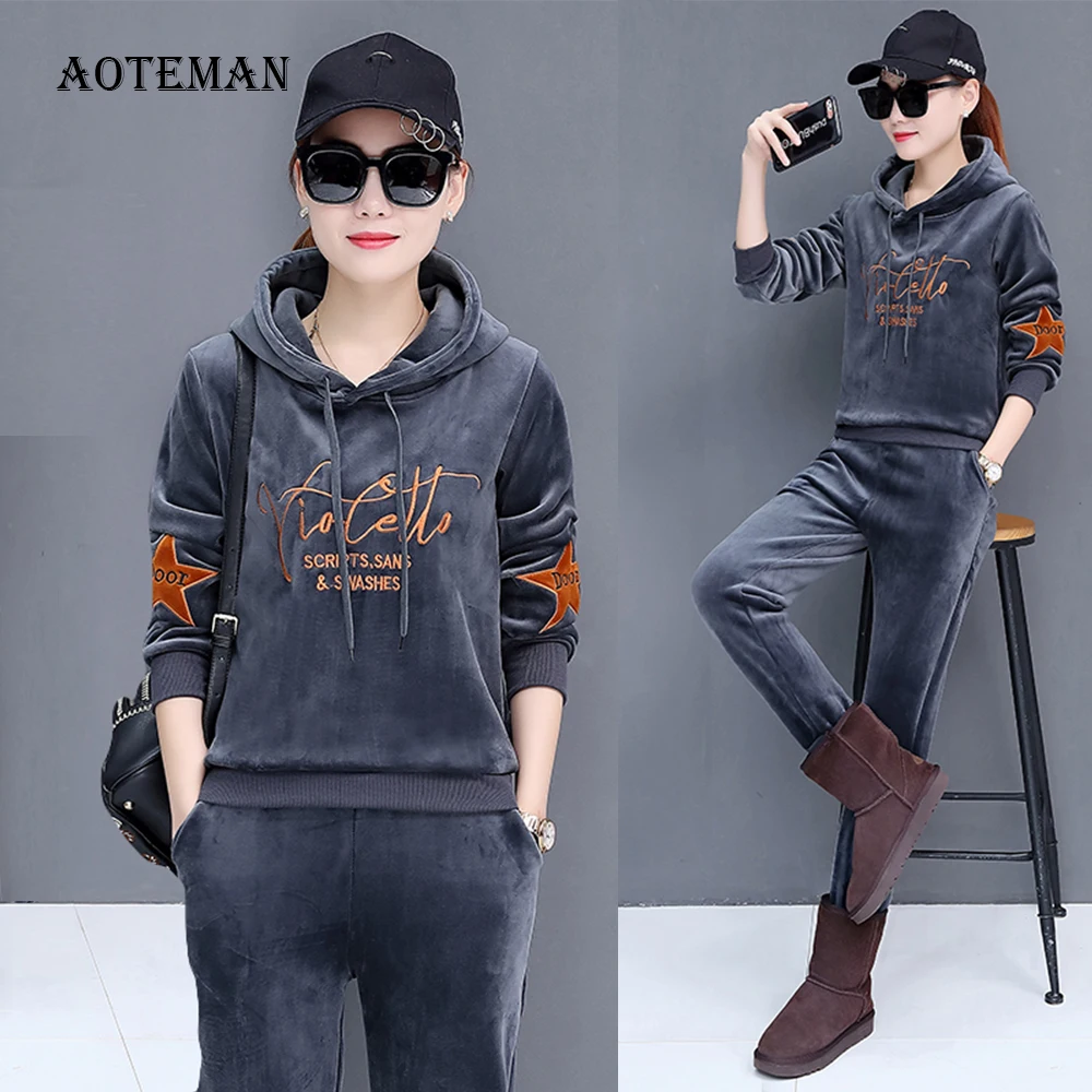 Женский бархатный спортивный костюм теплый пуловер с вышивкой Толстовка и штаны