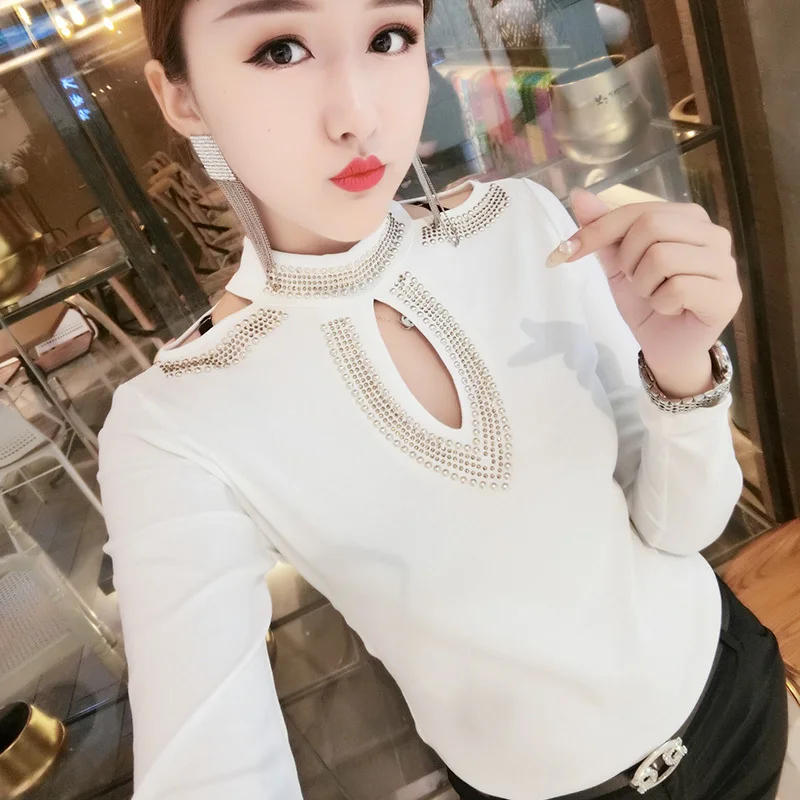 

Sexy Long Sleeve T Shirts Beads Women Cotton T-shirts Female Spring Autumn Boho Gothic White Black Tshirts Ladies Tops Plus Size