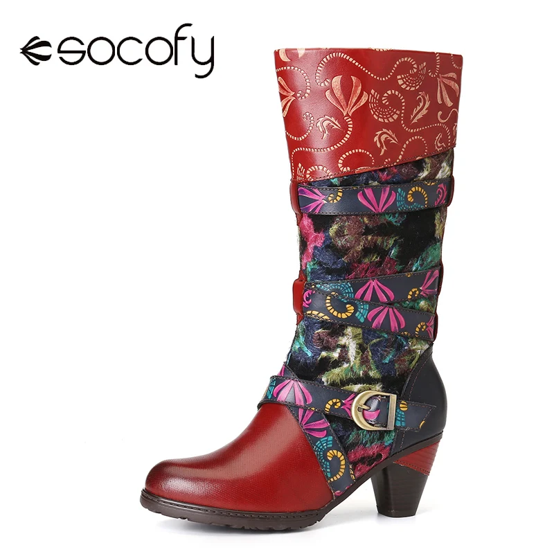 

SOCOFY Retro Watercolor Embossed Decorated Buckle Strap Elegant Soft Mid Calf High Heel Boots Shoes Women Shoes Botas Mujer 2020