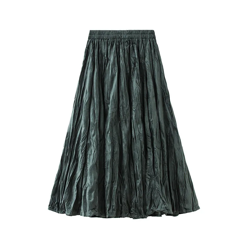 

Autumn Winter Warm Thick Crepe Velvet Pleated Maxi Long Skirts A-line Solid Pleuche Flared Ankle Long Skirts Green Coffee