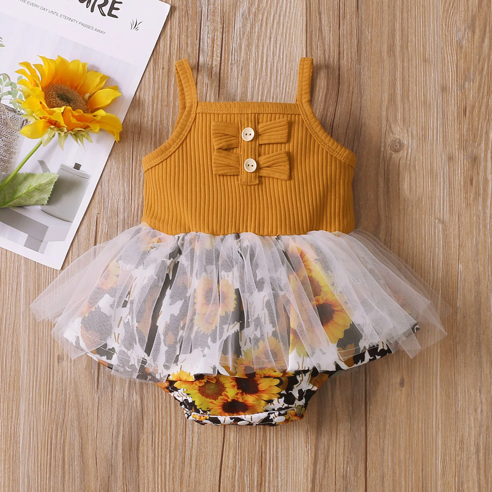 

Infant Baby Girls Ribbed Bodysuit Sunflower Printed Summer Tulle Dress Straps Jumpsuit Newborn Bodysuits Clothes 3-18 Months