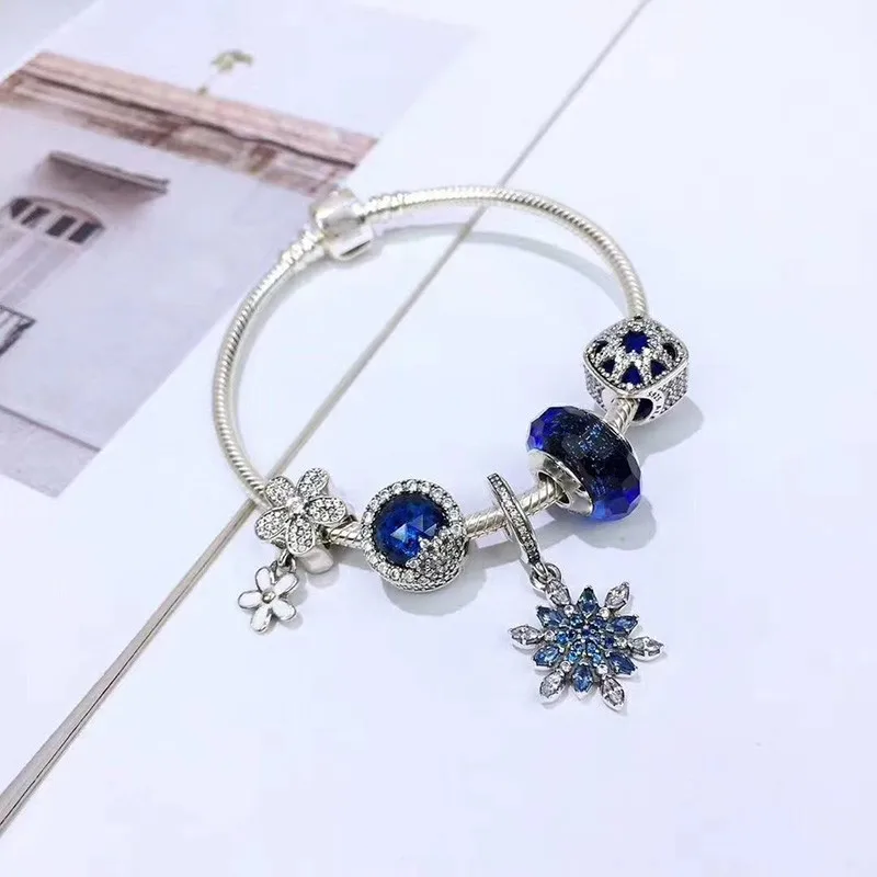 

100% 925 Sterling Silver Fashion Blue Cat's Eye Beads And Snow Pendant Set Pan Bracelet For Women Wedding Party Fashion Jewelry