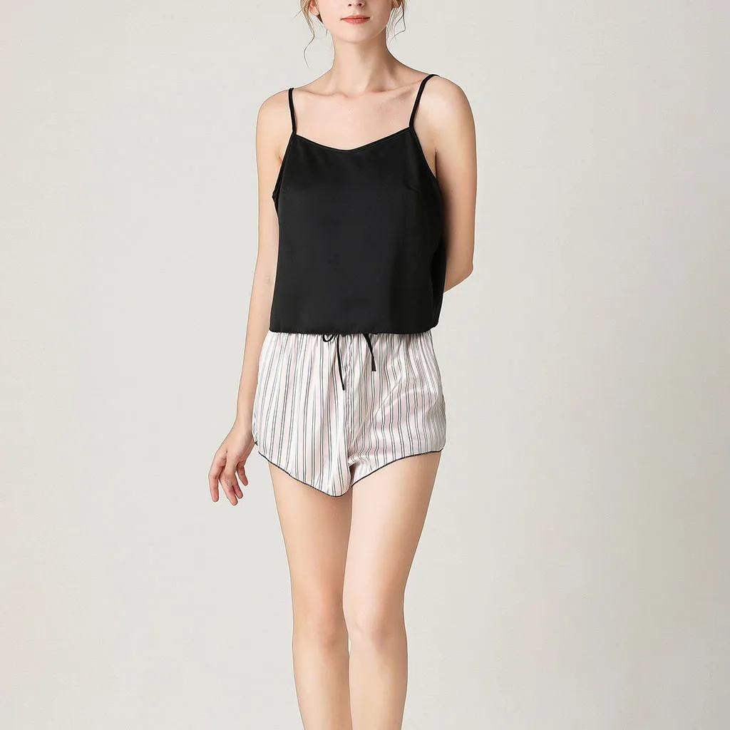 

Shorts Sleepwear Set Black 4 Size Polyester Summer Square Collar Sexy Pyjama for Women Sleeveless Nightwear Pizama Damska