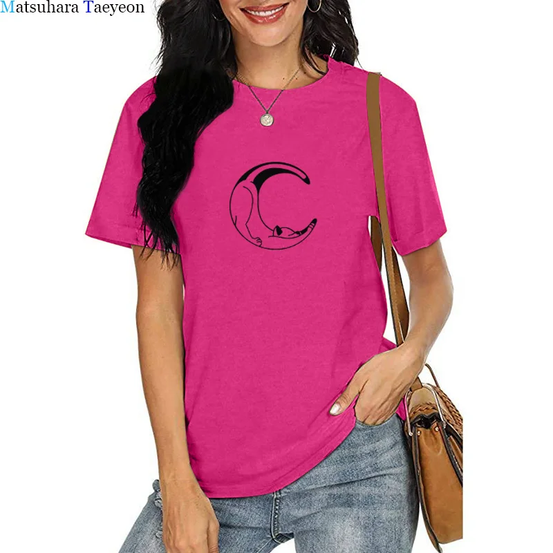 

CAT Crescent Shape T-shirt Women Graphic Cotton Summer Short Sleeve Fashion Tshirt Crew Neck Casual Harajuku Tee Shirt Femme