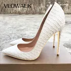 Женские туфли Veowalk с эффектом крокодиловой кожи, пикантные белые туфли-лодочки с острым носком на высоком каблуке, Классические Стильные туфли в европейском африканском стиле