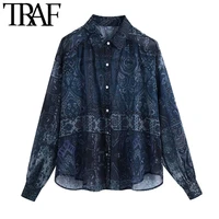 traf women fashion semi sheer paisley print oversized blouses vintage long sleeve button up female shirts chic tops