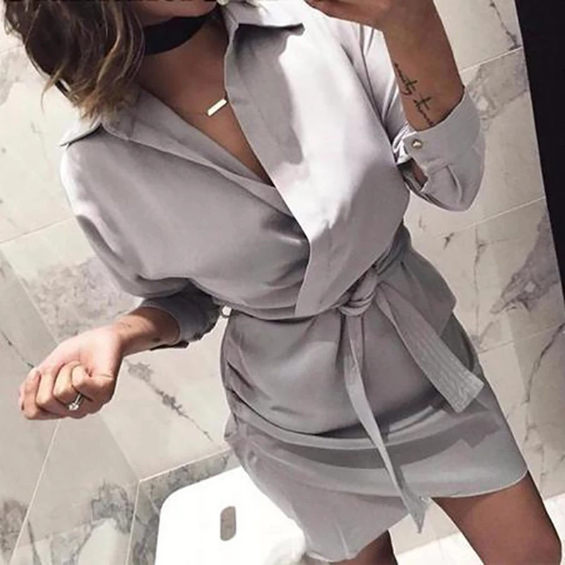 

Spring Autumn fashion solid turn down collar long sleeve women's mini dress new casual slim bow bandage package hip ladies dress