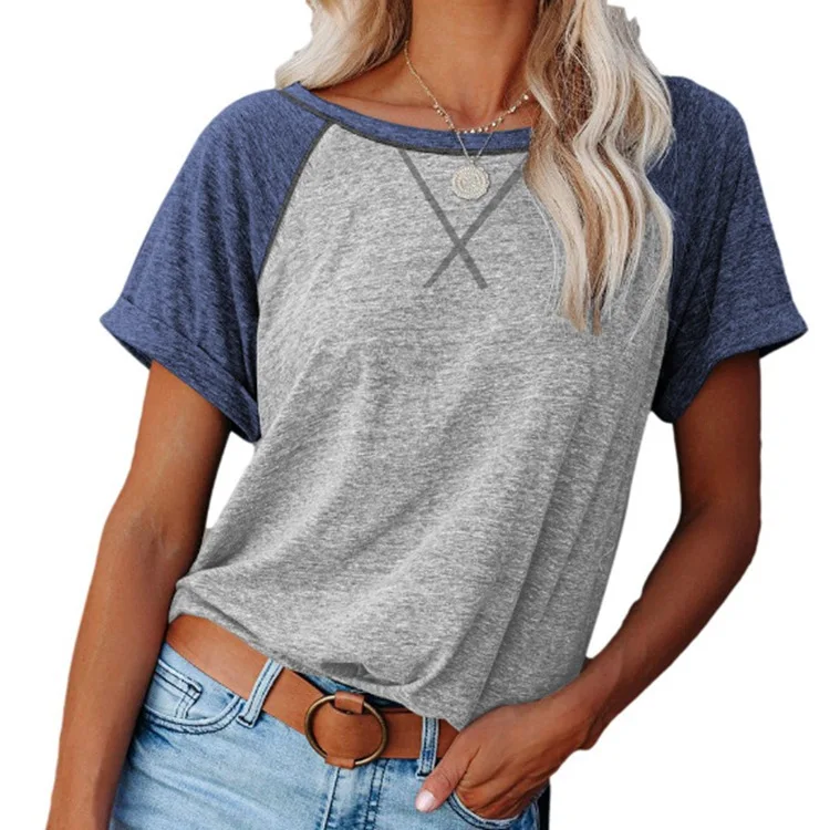 

WEPBEL T-shirt Women's Casual Stitching Loose Pullover T-shirt Summer Short Sleeve O-Neck Solid Color Fashion T-shirt