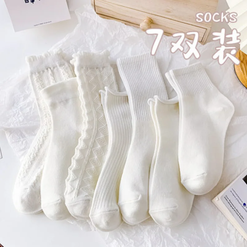 

2022 Jk женские носки средней длины из чистого хлопка на весну и осень тонкие милые японские кружевные однотонные длинные носки